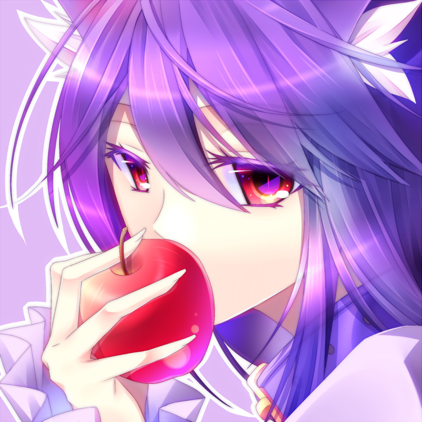 1girl apple close-up food fruit highres kawasaki_toiro long_hair original purple_hair red_eyes solo
