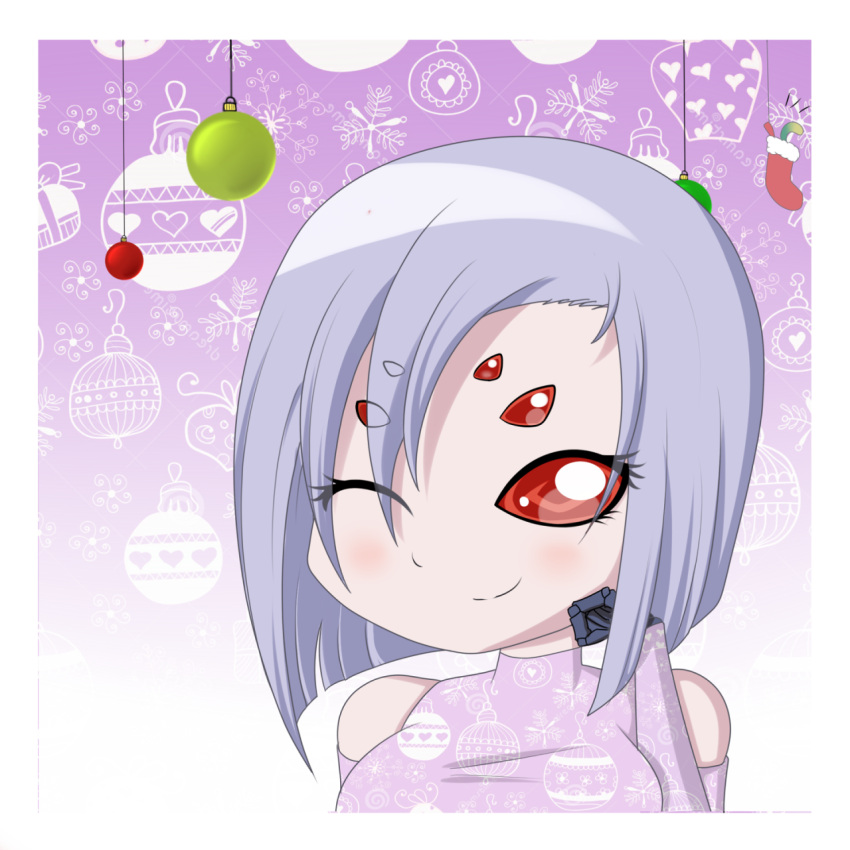 1girl arachne chibi christmas christmas_ornaments christmas_stocking claws detached_sleeves extra_eyes eyes_visible_through_hair highres insect_girl lavender_hair monster_girl monster_musume_no_iru_nichijou one_eye_closed portrait rachnera_arachnera red_eyes smile solo spider_girl staticwave white_border
