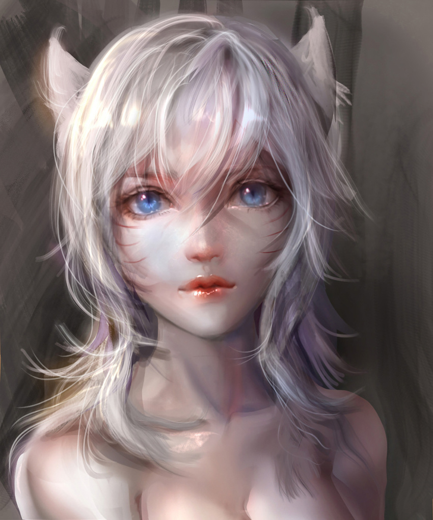 1girl ahri albino animal_ears bangs blue_eyes breasts cleavage closed_mouth collarbone facepaint fox_ears hair_between_eyes highres league_of_legends light_smile lips looking_at_viewer portrait red_lips sangrde silver_hair slit_pupils solo topless