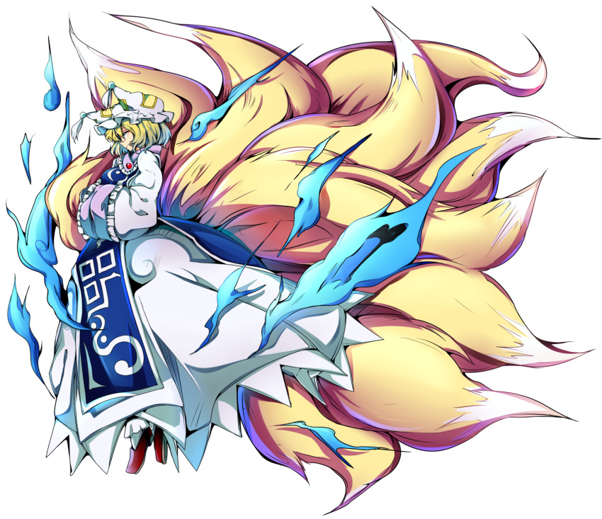 1girl animal_ears baba_(baba_seimaijo) blonde_hair dress fox_ears fox_tail full_body hands_in_sleeves hat highres long_sleeves mob_cap multiple_tails parody pillow_hat profile shoes short_hair socks solo style_parody tabard tail tassel touhou transparent_background white_dress white_legwear wide_sleeves yakumo_ran