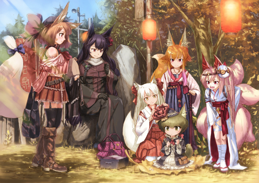 animal_ears borrowed_character brown_hair child commentary_request fox_ears green_hair long_hair meiz multiple_tails open_mouth original pink_hair short_hair sitting skirt smile tail white_hair