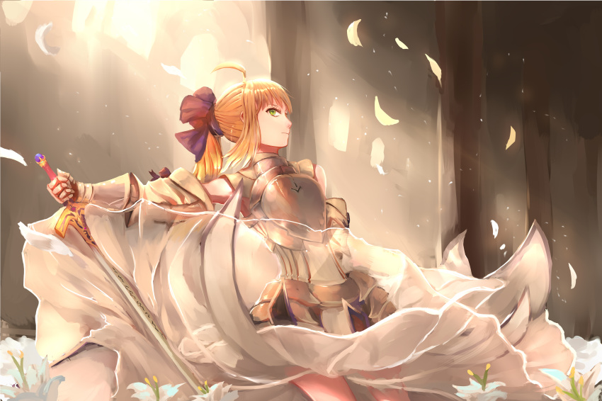 1girl absurdres ahoge armor armored_dress artist_request blonde_hair caliburn chestplate detached_sleeves fate/stay_night fate_(series) flower green_eyes highres lily petals ponytail saber saber_lily solo wind_lift