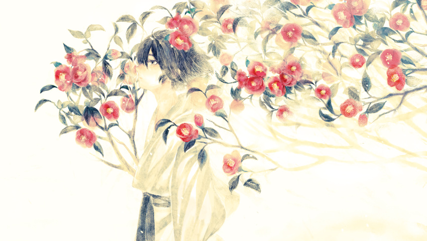 1boy black_eyes black_hair camellia_(flower) expressionless flower from_side hakama japanese_clothes kimono male_focus original pole_mura profile solo