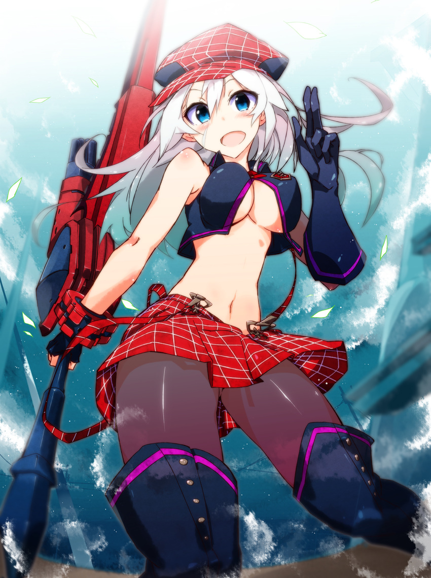 1girl alisa_ilinichina_amiella blue_eyes blue_sky blush boots breasts elbow_gloves fingerless_gloves gloves god_eater god_eater_burst hat highres holding_sword holding_weapon large_breasts long_hair looking_at_viewer navel open_mouth pantyhose silver_hair skirt sky solo suspender_skirt suspenders sword thigh-highs thigh_boots under_boob vane weapon
