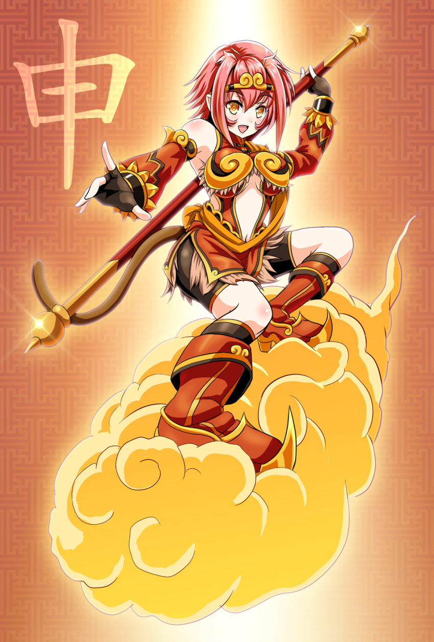 1girl :d breasts brown_eyes cleavage fingerless_gloves flying_nimbus genderswap gloves hairband highres holding journey_to_the_west looking_at_viewer monkey_tail navel open_mouth original pink_hair short_hair smile solo staff sun_wukong tk8d32 year_of_the_monkey