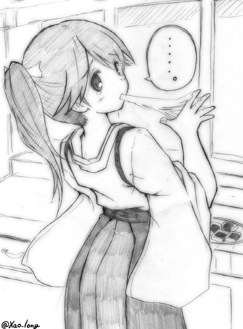 ... 1girl artist_name blush chicken99 cowboy_shot drawer eating food food_on_finger from_behind hair_ornament hakama highres houshou_(kantai_collection) japanese_clothes kantai_collection kimono long_hair looking_at_viewer looking_back miko monochrome plate ponytail short_sleeves solo speech_bubble spoken_ellipsis tasuki tears tray twitter_username wide_sleeves