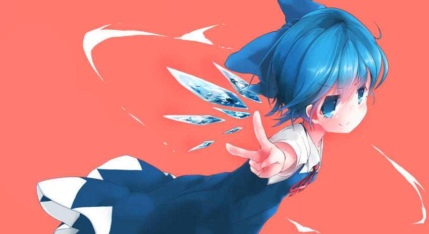 1girl akisha blue_dress blue_eyes blue_hair bow cirno dress hair_bow highres ice ice_wings looking_at_viewer puffy_short_sleeves puffy_sleeves red_background shirt short_sleeves smile solo touhou v wings