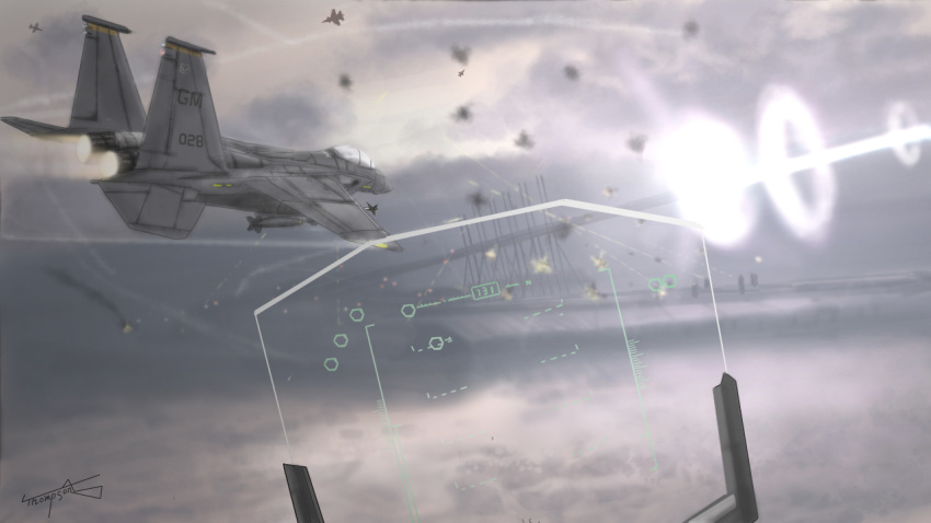 ace_combat artist_name clouds cockpit condensation_trail explosion f-15 firing flying fog gun heads-up_display no_humans pov ring_of_fire rocket thompson weapon