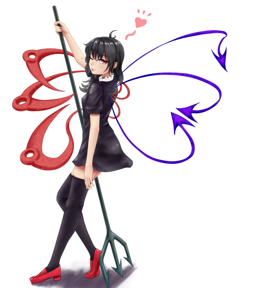 1girl ahoge asymmetrical_hair asymmetrical_wings black_dress black_hair black_legwear dress full_body fuwatoro_(enemy-of-society) highres houjuu_nue looking_at_viewer polearm red_eyes red_shoes shoes short_dress small_breasts solo thigh-highs tongue tongue_out touhou trident weapon wings zettai_ryouiki