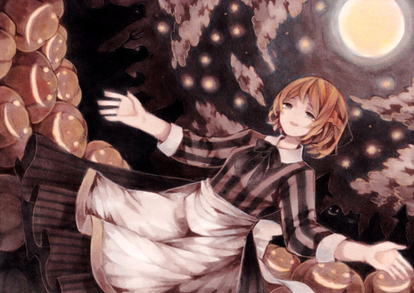 1girl brown_eyes brown_hair character_request dutch_angle halloween highres jack-o'-lantern outstretched_arms parted_lips revision short_hair smile solo sound_horizon spread_arms traditional_media wiriam07