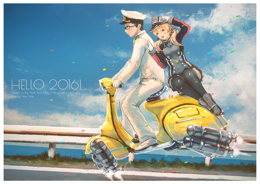 ! 1boy 1girl 2016 :d admiral_(kantai_collection) anchor_hair_ornament black-framed_glasses black_hair black_legwear black_skirt blonde_hair blue_sky boots brown_eyes buttons clouds confetti english flying from_side gloves grass hair_ornament hand_on_another's_back hand_on_headwear happy_new_year hat highres jacket kantai_collection kuon_(kwonchanji) long_hair long_sleeves military military_uniform miniskirt motor_vehicle naval_uniform new_year ocean open_mouth outdoors pants peaked_cap prinz_eugen_(kantai_collection) riding road shoes sitting skirt sky smile street thigh-highs torpedo twintails uniform vehicle white_gloves white_hat white_jacket white_pants white_shoes