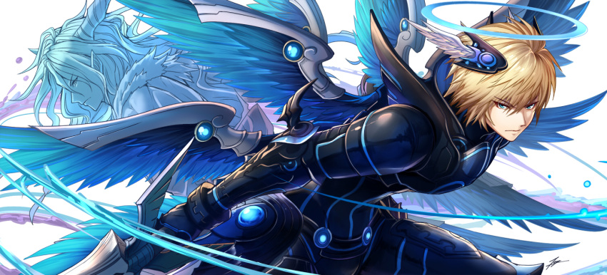 2boys archangel_lucifer archdemon_lucifer_(p&amp;d) bangs blonde_hair blue_eyes blue_wings closed_mouth feathered_wings fur_trim gauntlets glowing hair_between_eyes halo head_wings holding_sword holding_weapon horns light_frown long_hair male_focus multiple_boys multiple_wings puzzle_&amp;_dragons revision sword tenyo0819 visible_air water weapon wings