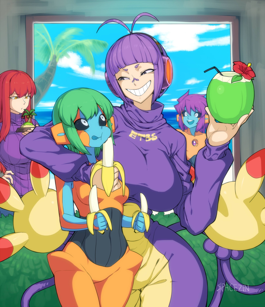 4girls ambipom antenna_hair arm_around_neck banana bandaid bandaid_on_nose biriri-ane_(space_jin) black_sclera breasts coconut deoxys drinking_straw eating food fruit grey_eyes headphones highres large_breasts multiple_girls original palm_tree personification pokemon purple_hair redhead smile space_jin tail tongue tongue_out tree yellow_eyes