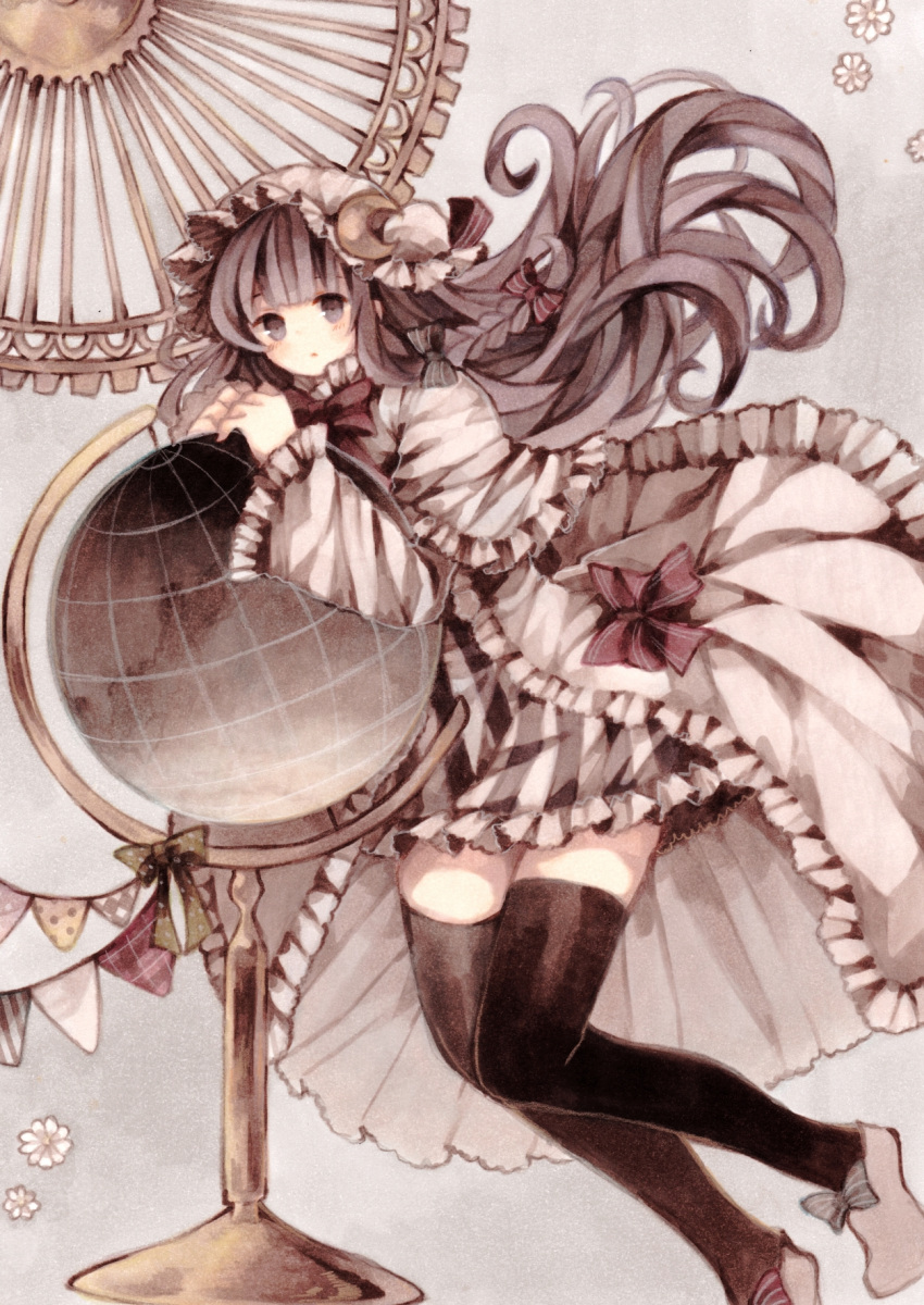 1girl black_legwear coat crescent dress globe hair_ribbon hat highres long_hair long_sleeves looking_at_viewer open_clothes open_coat patchouli_knowledge purple_dress purple_hair revision ribbon solo striped striped_dress thigh-highs touhou tress_ribbon very_long_hair violet_eyes wide_sleeves wiriam07 zettai_ryouiki