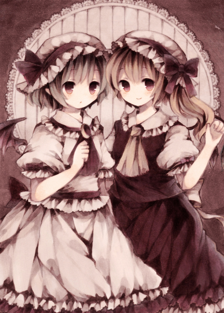 2girls ascot bat_wings blonde_hair bow brooch dress flandre_scarlet hat hat_bow hat_ribbon highres jewelry looking_at_viewer mob_cap multiple_girls puffy_sleeves red_dress remilia_scarlet ribbon sash shirt short_sleeves siblings silver_hair sisters sitting smile touhou white_dress wings wiriam07