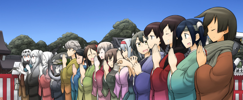 6+girls akagi_(kantai_collection) alternate_costume amagi_(kantai_collection) architecture asymmetrical_hair black_hair blonde_hair blue_hair braid brown_hair character_request closed_eyes drooling east_asian_architecture flat_gaze flower from_side graf_zeppelin_(kantai_collection) grey_hair hair_between_eyes hair_flower hair_ornament hair_ribbon hairband hamu_koutarou hands_clasped headgear hiryuu_(kantai_collection) japanese_clothes jewelry jitome kaga_(kantai_collection) kantai_collection katsuragi_(kantai_collection) long_hair looking_at_another mole mole_under_eye money multiple_girls pale_skin ponytail remodel_(kantai_collection) ribbon ring serious shinkaisei-kan short_hair shoukaku_(kantai_collection) side_ponytail silver_hair single_braid souryuu_(kantai_collection) taihou_(kantai_collection) twin_braids unryuu_(kantai_collection) very_long_hair wavy_hair wavy_mouth wedding_ring white_hair wo-class_aircraft_carrier yellow_eyes zuikaku_(kantai_collection)