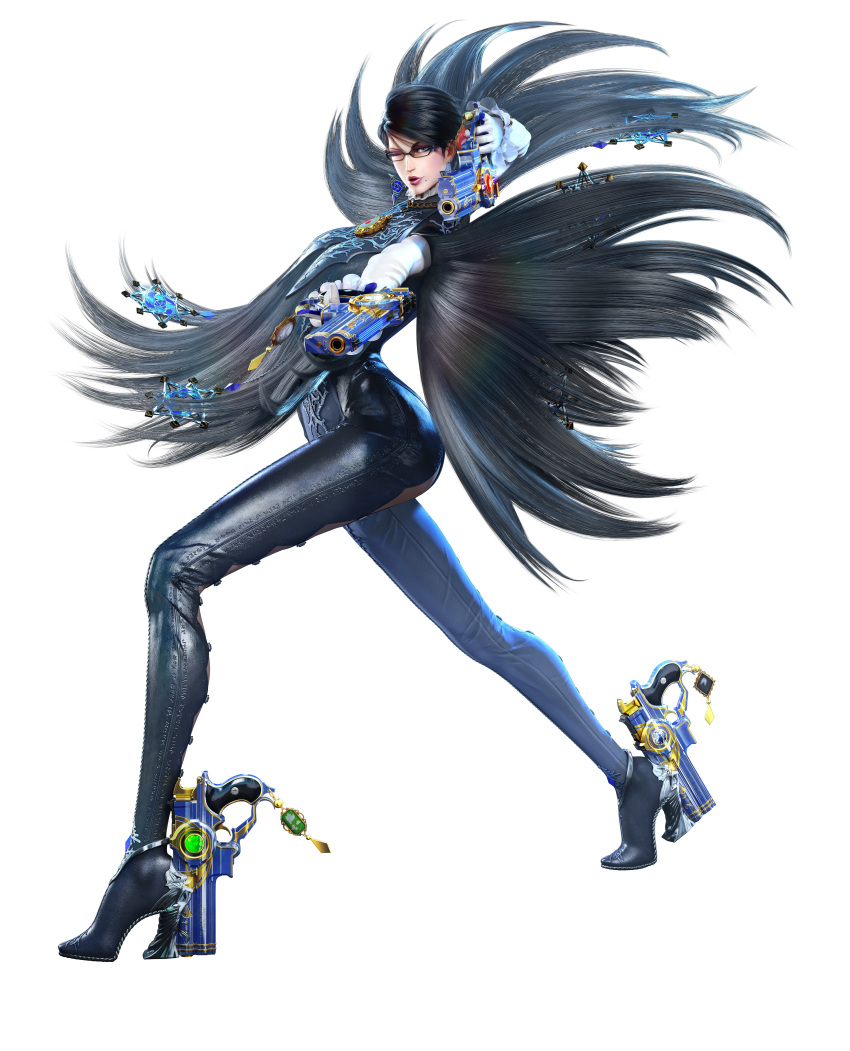 1girl absurdres alternate_hair_length alternate_hairstyle ankle_gun bayonetta bayonetta_(character) bayonetta_2 black_hair blue_eyes elbow_gloves glasses gloves gun handgun highres jewelry lipstick makeup mole mole_under_mouth one_eye_closed semi-rimless_glasses short_hair simple_background transparent_background weapon white_gloves