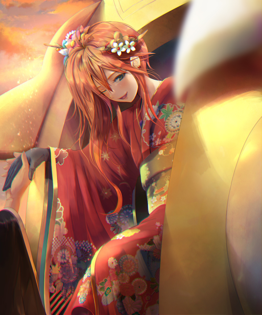 1girl :d alternate_costume bangs black_gloves blurry clouds earrings floral_print flower gloves hair_between_eyes hair_flower hair_ornament hands highres holding_hands japanese_clothes jewelry kikumon kimono leilan_(p&amp;d) long_hair new_year obi one_eye_closed one_side_up open_mouth orange_hair out_of_frame pink_lips print_kimono puzzle_&amp;_dragons sash sho_(shoichi-kokubun) sky smile solo_focus vehicle