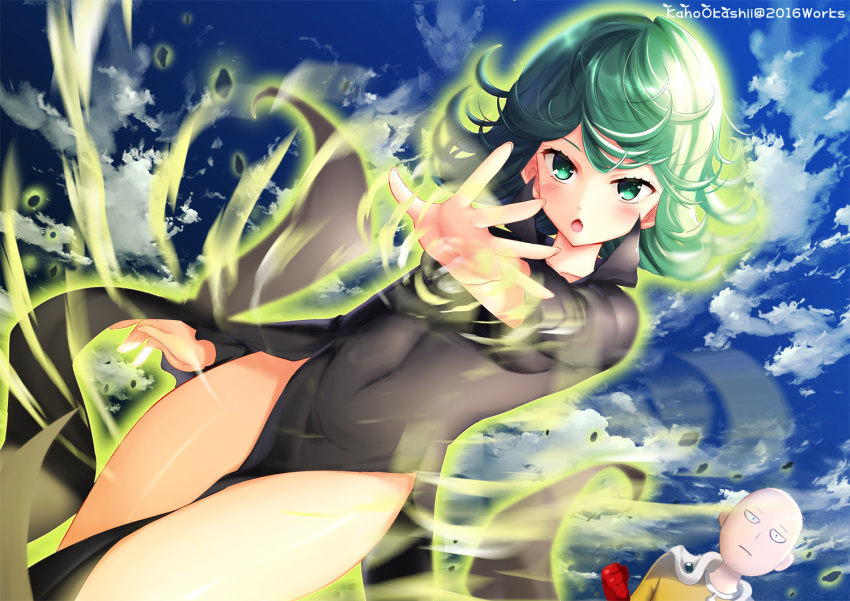 1girl 2016 :o artist_name bald black_dress black_eyes blue_sky blush bodysuit cape collar collarbone covered_navel cowboy_shot curly_hair dress dutch_angle expressionless floating_rock green_eyes green_hair hips kaho_okashii levitation long_sleeves looking_at_viewer onepunch_man open_mouth outstretched_arm palms red_glove saitama_(onepunch_man) short_hair sky tatsumaki