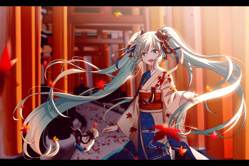 1girl :d absurdly_long_hair absurdres autumn_leaves black_bow blue_eyes blue_hair bow eyebrows_visible_through_hair floating_hair hair_between_eyes hair_bow hatsune_miku highres japanese_clothes kimono leaf long_hair long_sleeves looking_at_viewer maple_leaf open_mouth outdoors smile so_tsubasa solo standing torii very_long_hair vocaloid wide_sleeves