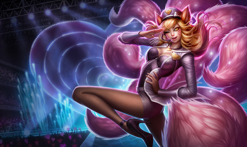 1girl ahri animal_ears fox_ears fox_tail hat heart high_heels highres jewelry league_of_legends michelle_hoefener necklace official_art one_eye_closed pantyhose popstar_ahri riot_games shorts tail