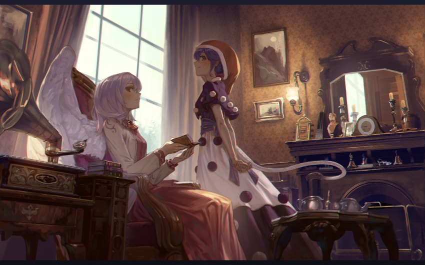 2girls albino armchair arms_behind_back bangs bell blue_eyes blue_hair blush book book_stack bottle bow bowtie candle candlestand chair clock curtains doremy_sweet drawer dress feathered_wings fireplace frame from_below hands_together hat holding holding_book indoors jacket kishin_sagume lamp letterboxed long_sleeves looking_at_viewer mirror multiple_girls nightcap open_book open_clothes painting_(object) phonograph photo_(object) pink_dress pom_pom_(clothes) red_bowtie red_eyes red_hat reflection sash shadow short_hair short_sleeves silver_hair silverware single_wing sitting sitting_on_chair smile standing statue tail touhou wall_lamp white_hair white_wings window wings wooden_table yamamomo_(plank)