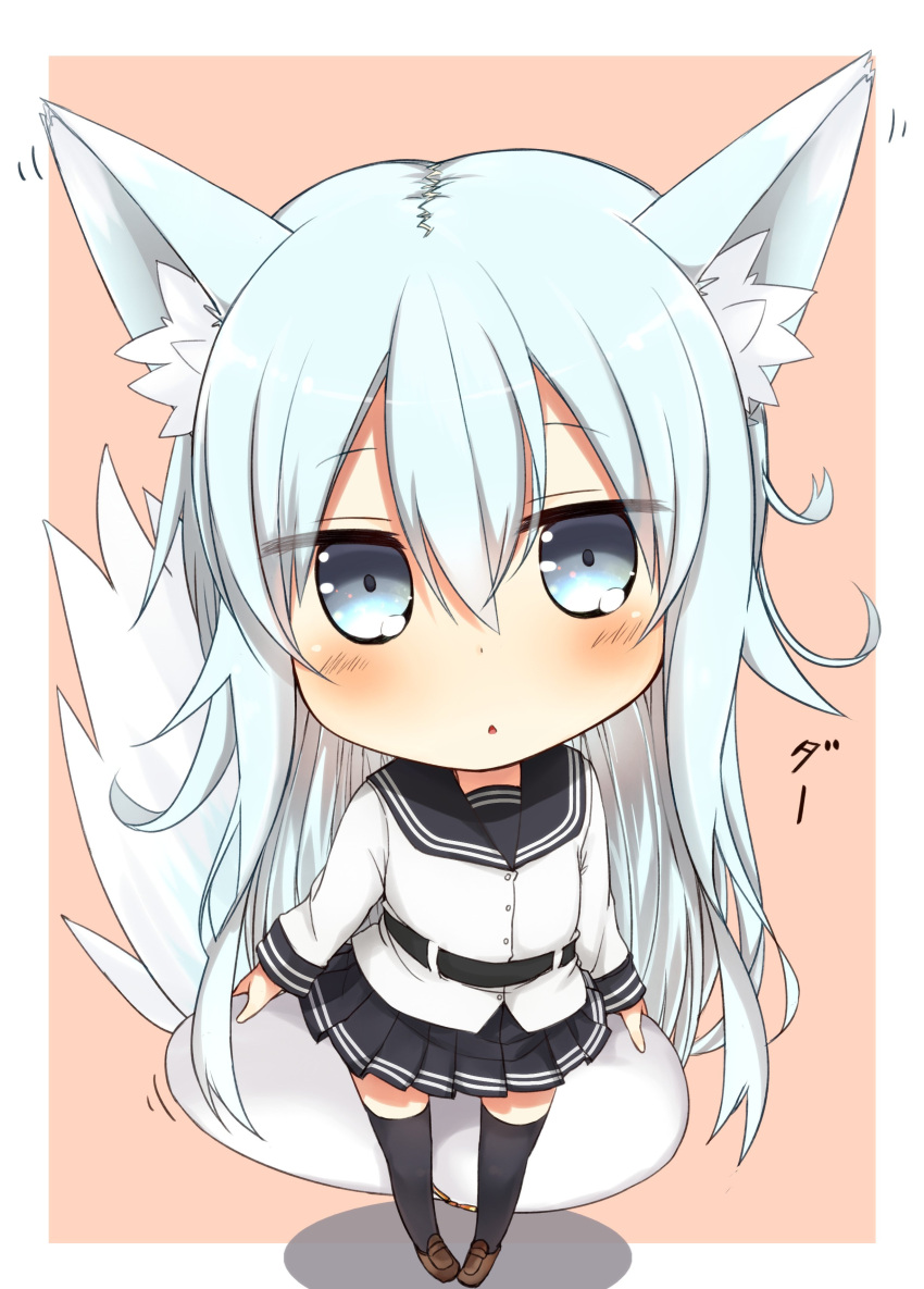 1girl absurdres animal_ears blue_eyes blush chibi commentary_request dog_ears dog_tail hat hat_removed headwear_removed hibiki_(kantai_collection) highres kantai_collection long_hair looking_at_viewer nonono_(basasi21) school_uniform silver_hair skirt tail thigh-highs verniy_(kantai_collection) very_long_hair