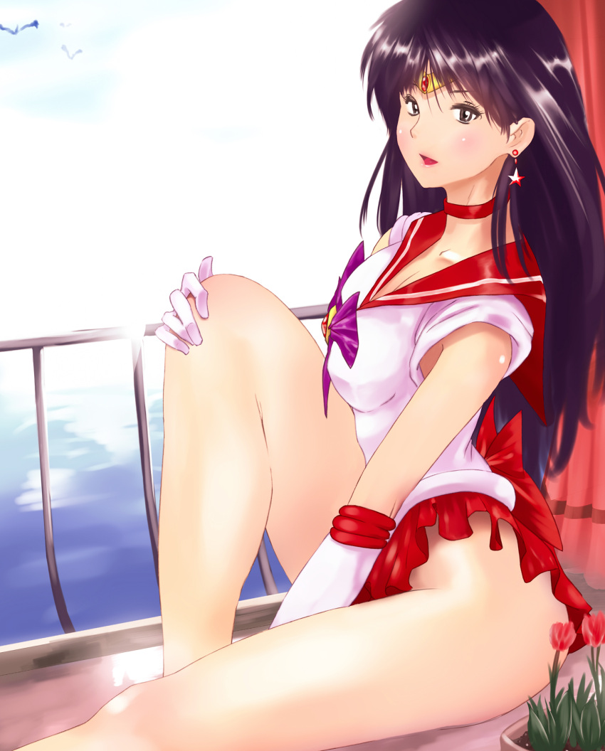 1girl black_eyes black_hair bow breasts choker circlet cleavage cleavage_cutout collarbone earrings flower gloves highres jewelry long_hair miniskirt parted_lips sailor_mars saitou_(sugarsa10) sitting skirt solo water