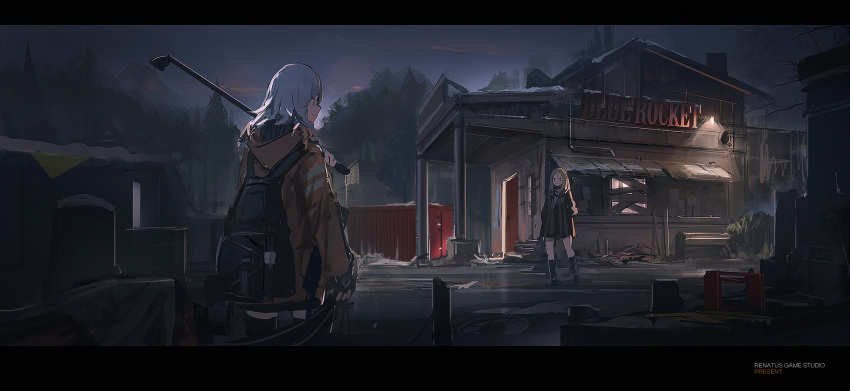 2girls assault_rifle backpack bag boarded_windows brown_hair building clouds cloudy_sky coat container cowboy_shot door fence from_behind gun highres hooded_jacket lamp lantern light long_hair looking_at_another multiple_girls night night_sky original outdoors pipe plant renatus.z revision rifle ruins shipping_container shop sign sky thigh-highs weapon white_hair zettai_ryouiki