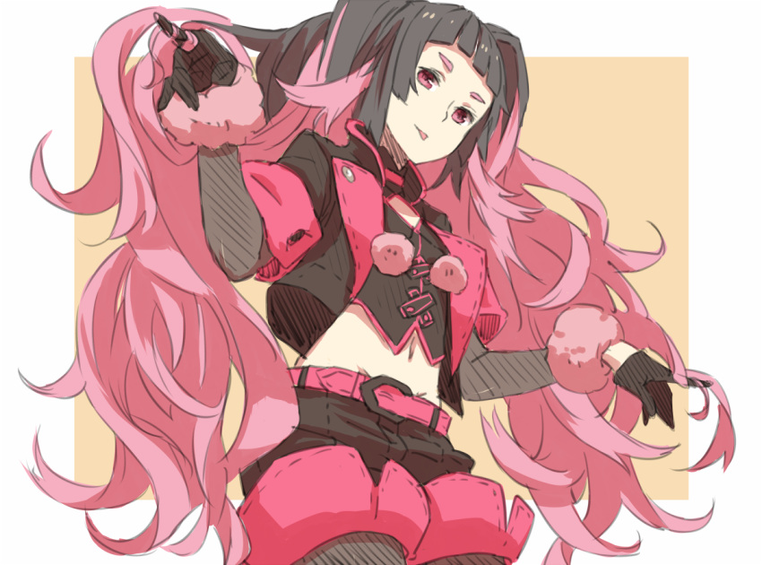 1girl :p alternate_color arm_warmers bangs belt black_gloves black_hair black_jacket cowboy_shot eyebrows flat_chest gloves jacket legwear_under_shorts long_hair lopunny midriff multicolored_hair navel open_clothes open_jacket pantyhose personification pink_eyes pink_hair pointing pokemon pom_pom_(clothes) shiny_pokemon shorts simple_background solo stomach takenisketch tongue tongue_out two-tone_hair very_long_hair white_border yellow_background