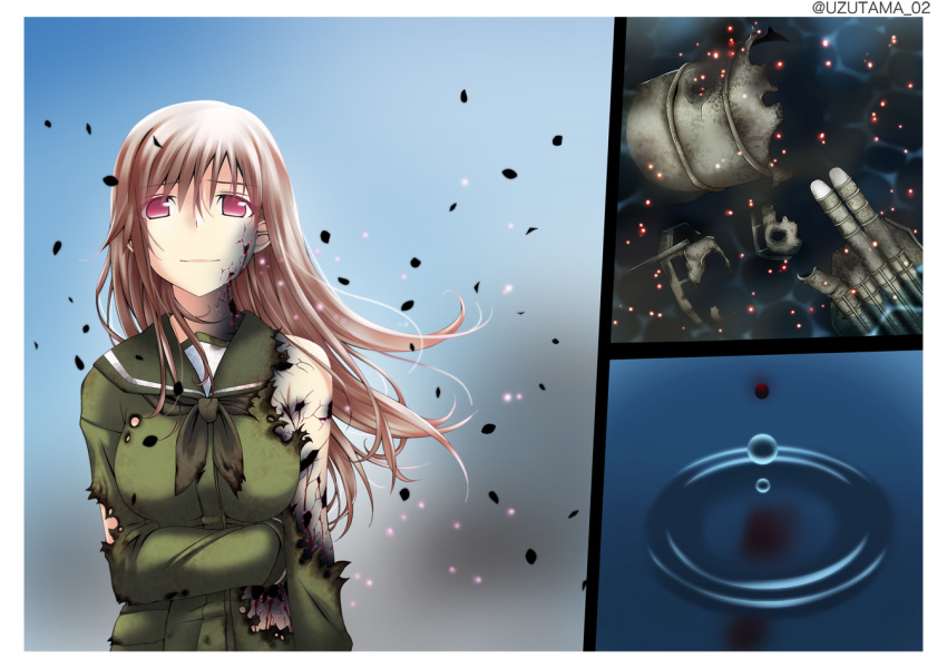 1girl broken brown_hair comic commentary_request injury kantai_collection long_hair looking_at_viewer machinery ooi_(kantai_collection) petals pink_eyes school_uniform serafuku silent_comic smile solo torn_clothes twitter_username uzutama wind