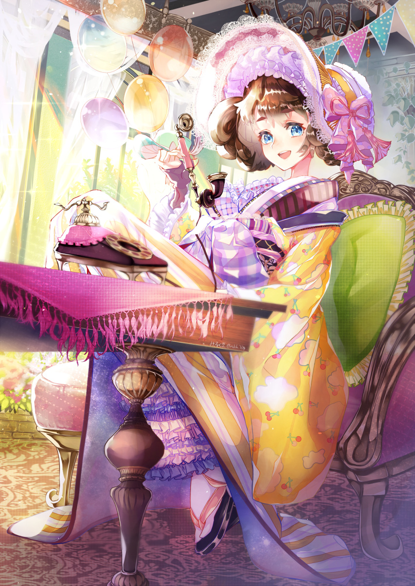1girl :d balloon blue_eyes bonnet brown_hair couch curtains highres japanese_clothes kimono long_hair open_mouth original phone sandals sitting smile solo tabi table