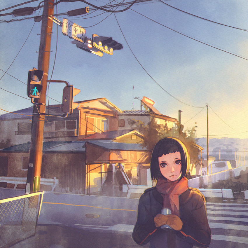 1girl antennae bangs blue_sky brown_eyes brown_gloves brown_hair building car chain-link_fence coat conductor crosswalk fence gloves head_tilt house ilya_kuvshinov looking_at_viewer manhole manhole_cover motor_vehicle original outdoors pedestrian_lights plant pole red_scarf road road_sign scarf short_hair sign sky soda_can solo street traffic_light tree upper_body vehicle winter_clothes winter_coat