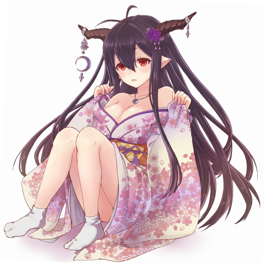 1girl antenna_hair breasts cleavage danua floral_print granblue_fantasy hair_between_eyes highres horn_ornament horns large_breasts long_hair looking_at_viewer open_mouth pointy_ears purple_hair red_eyes revision ririnya00 sitting sleeves_past_wrists solo thighs wide_sleeves