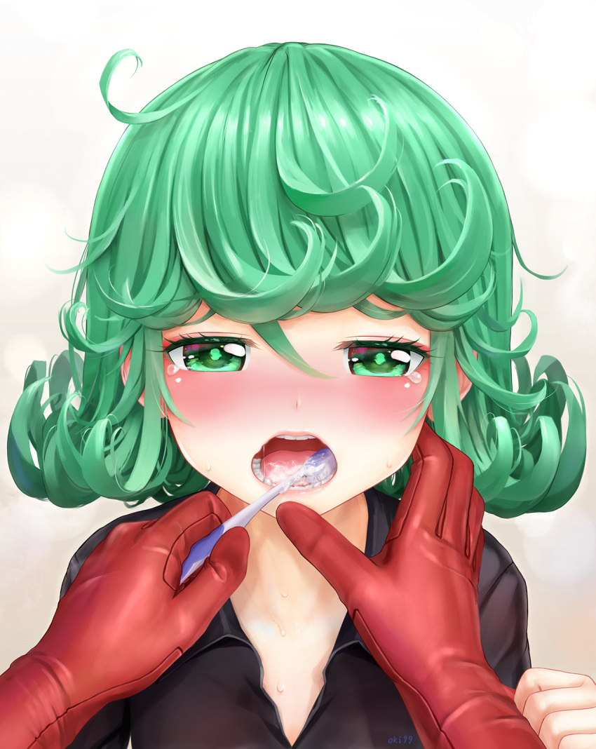 1boy 1girl aki99 black_dress blush brushing_teeth curly_hair dress gloves green_eyes green_hair hand_on_another's_face highres looking_at_viewer onepunch_man open_mouth pov red_gloves revision saitama_(onepunch_man) short_hair solo_focus sweat tatsumaki tears toothbrush
