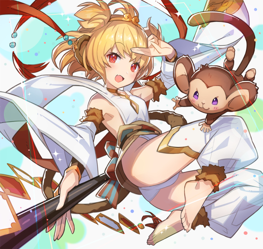 1girl :3 anchira_(granblue_fantasy) ass bare_shoulders barefoot blonde_hair breasts detached_sleeves fang_out from_below granblue_fantasy hair_ornament highres looking_at_viewer monkey monkey_tail red_eyes saitou_naoki short_hair sideboob small_breasts smile solo staff thigh-highs thighs white_clothes white_legwear wide_sleeves