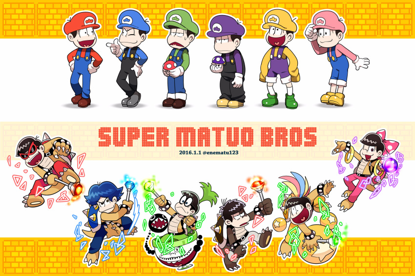 6+boys absurdres ball black_hair boots bracelet brothers dated dual_persona enerunaru finger_gun gloves hand_on_hip hands_on_hips hat heart heart_in_mouth highres iggy_koopa iggy_koopa_(cosplay) jewelry koopa_clown_car lemmy_koopa lemmy_koopa_(cosplay) ludwig_von_koopa ludwig_von_koopa_(cosplay) male_focus super_mario_bros. matsuno_choromatsu matsuno_ichimatsu matsuno_juushimatsu matsuno_karamatsu matsuno_osomatsu matsuno_todomatsu messy_hair morton_koopa_jr. morton_koopa_jr._(cosplay) multiple_boys mushroom osomatsu-kun osomatsu-san overalls pants pants_rolled_up peaked_cap poison_mushroom roy_koopa roy_koopa_(cosplay) sextuplets siblings sleeves_past_wrists slouching smile super_mario_bros. super_mushroom sweatdrop title_parody triangle_mouth twitter_username wand wendy_o._koopa wendy_o._koopa_(cosplay) white_gloves
