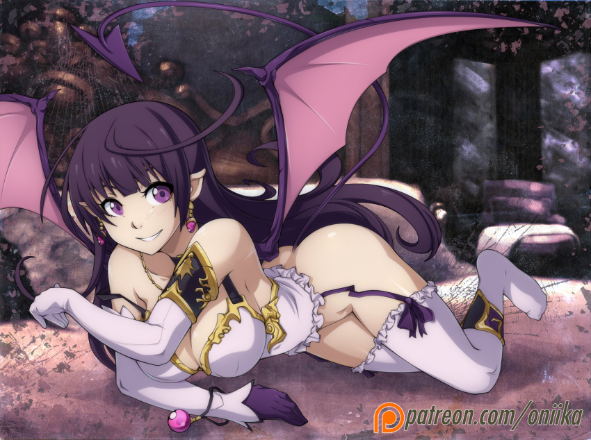 1girl bangs breasts cleavage demon_girl demon_tail demon_wings earrings elbow_gloves frills garter_straps gloves highres jewelry large_breasts lilim_(shinkai_no_valkyrie) long_hair mismatched_gloves no_panties pointy_ears purple_hair revision shinkai_no_valkyrie sketch smile solo spike_wible succubus tail violet_eyes watermark web_address white_gloves white_legwear wings