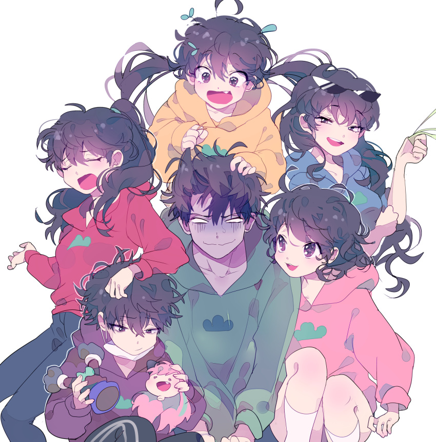1boy 5girls arm_on_head black_hair brother_and_sister brown_eyes character_doll closed_eyes fang figure genderswap hair_pull hashimoto_nyaa high_ponytail highres hoodie inhye long_hair matsuno_choromatsu matsuno_ichimatsu matsuno_juushimatsu matsuno_karamatsu matsuno_osomatsu matsuno_todomatsu messy_hair multiple_girls osomatsu-kun osomatsu-san sextuplets shaded_face siblings simple_background sisters sitting sleeves_rolled_up smile socks sunglasses sunglasses_on_head surgical_mask twintails white_background