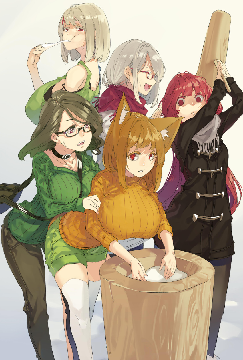 5girls :d ^_^ animal_ears bag bangs beige_background between_breasts black-framed_glasses black_legwear breasts brown_hair cat_ears cat_tail chewing closed_eyes coat collar collarbone colored_eyelashes eating empty_eyes fang food fringe fur_trim gigantic_breasts glasses gram_(muneneko) grey_hair grey_scarf hair_ornament hairclip haruka_(muneneko) highres holding_weapon huge_breasts kisame_(muneneko) large_breasts leaning_forward long_hair long_sleeves looking_at_another looking_at_viewer mallet mochi mochitsuki mortar multiple_girls muneneko nengajou new_year open_mouth orange_shirt original pants pantyhose parted_lips red-framed_glasses red_eyes red_scarf redhead ribbed_sweater scarf schwarzschild_(muneneko) shaded_face shirt shorts shoulder_bag simple_background sleeveless smile standing strap_slip suika_(muneneko) sweat sweater swept_bangs tail thigh-highs turtleneck turtleneck_sweater v-neck very_long_hair wagashi white_legwear wood