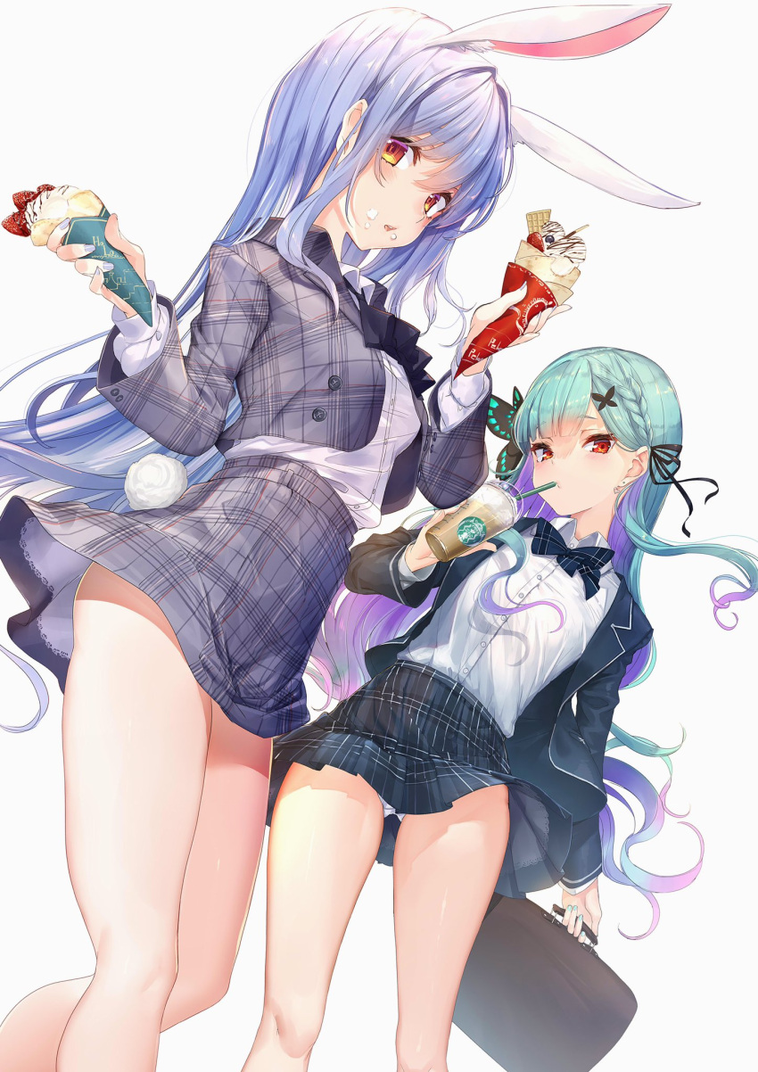 2girls akasaai animal_ears bag bangs blue_hair bow bowtie butterfly_hair_ornament collared_shirt colored_inner_hair cup drinking_straw_in_mouth food food_on_face green_hair hair_ornament hair_ribbon highres holding holding_bag holding_cup holding_food hololive jacket long_hair multicolored_hair multiple_girls open_clothes open_jacket plaid plaid_bow plaid_bowtie plaid_skirt purple_hair rabbit_ears red_eyes ribbon school_uniform shirt simple_background skirt uruha_rushia usada_pekora very_long_hair virtual_youtuber white_background