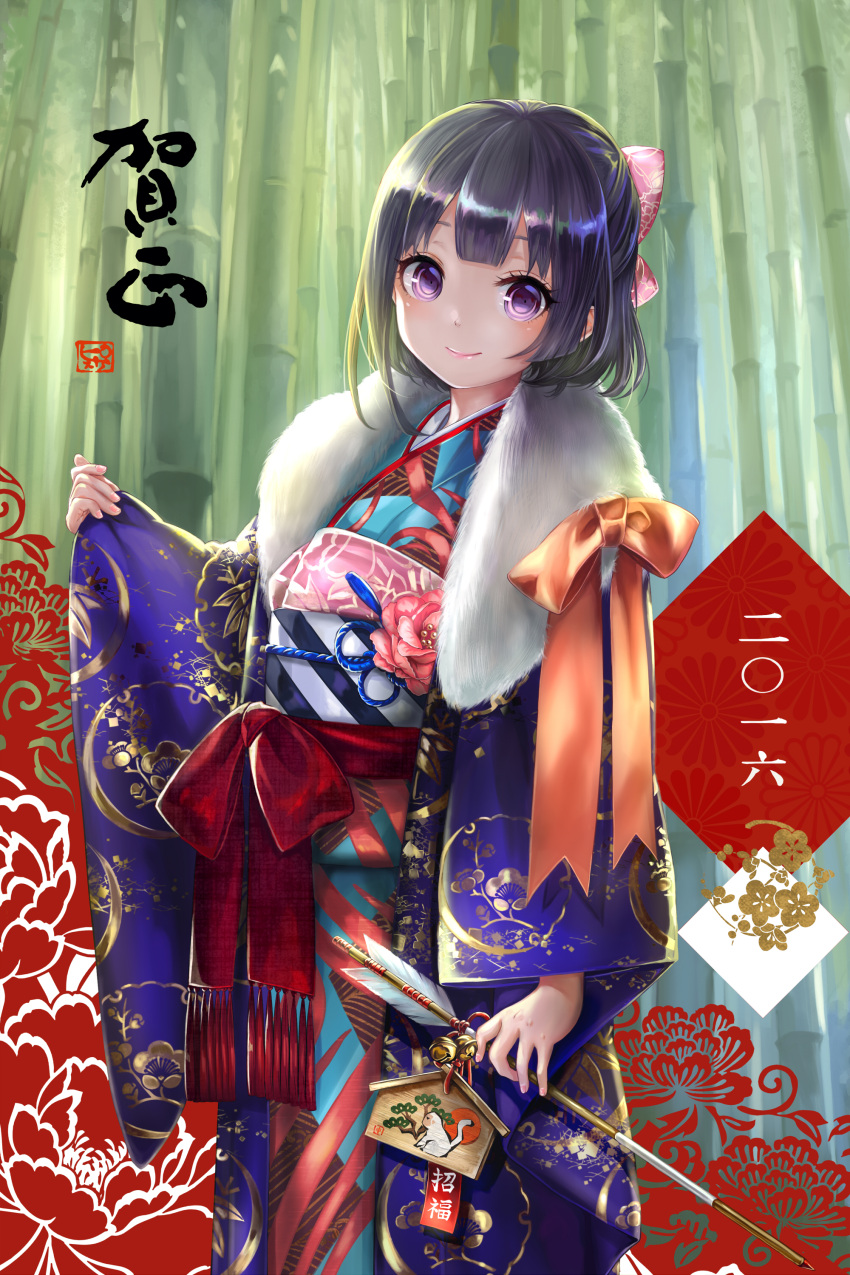 1girl 2016 absurdres arrow bamboo bell black_hair blush bow ema flower furisode hair_bow hamaya highres japanese_clothes jingle_bell kimono lips looking_at_viewer nengajou new_year obi original pisuke sash short_hair smile solo violet_eyes