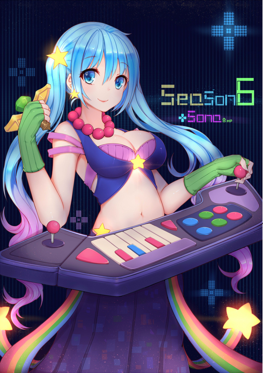 1girl arcade_sona blue_eyes blue_hair breasts cleavage earrings gloves hanami_dango_(zzldango) highres jewelry league_of_legends long_hair multicolored_hair necklace revision smile sona_buvelle star twintails ward
