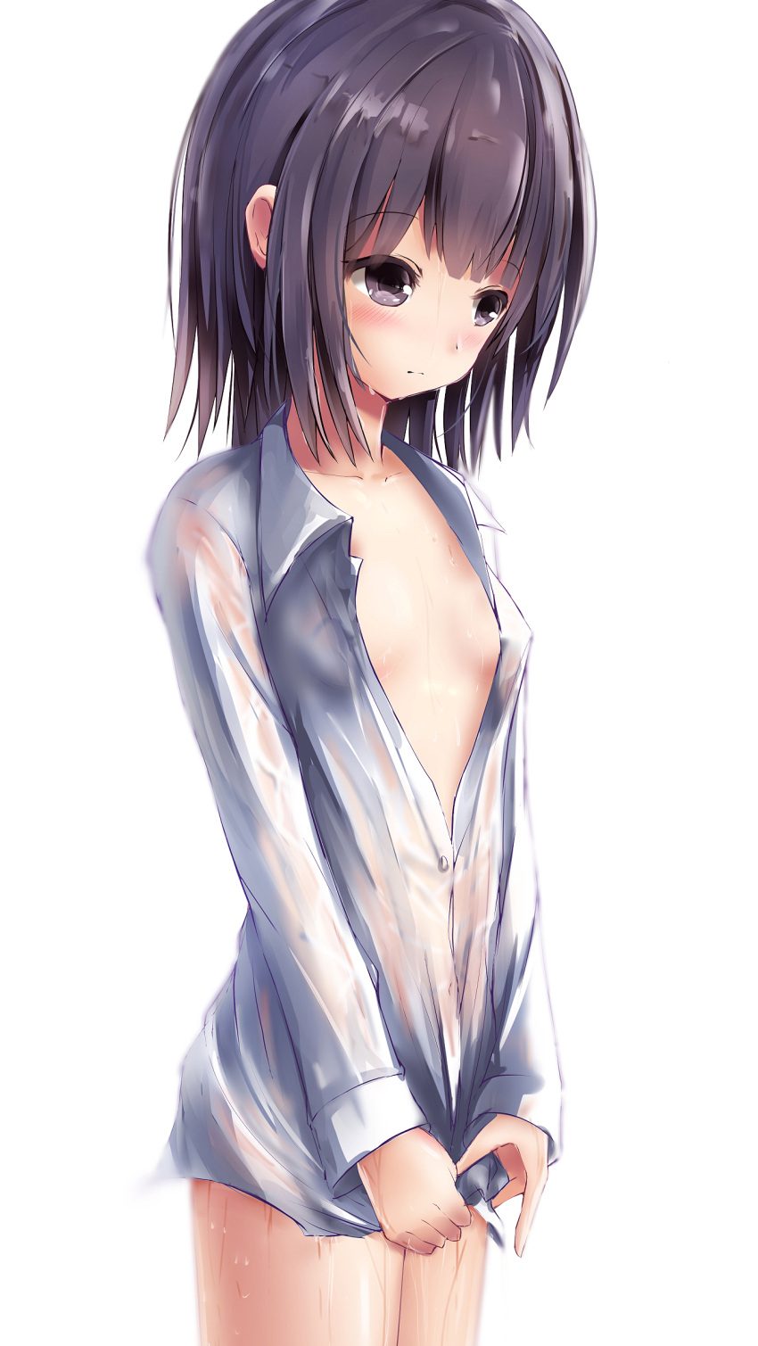 1girl black_eyes black_hair highres missile228 open_clothes open_shirt original see-through shirt shirt_only simple_background small_breasts solo wet wet_clothes wet_shirt white_background white_shirt
