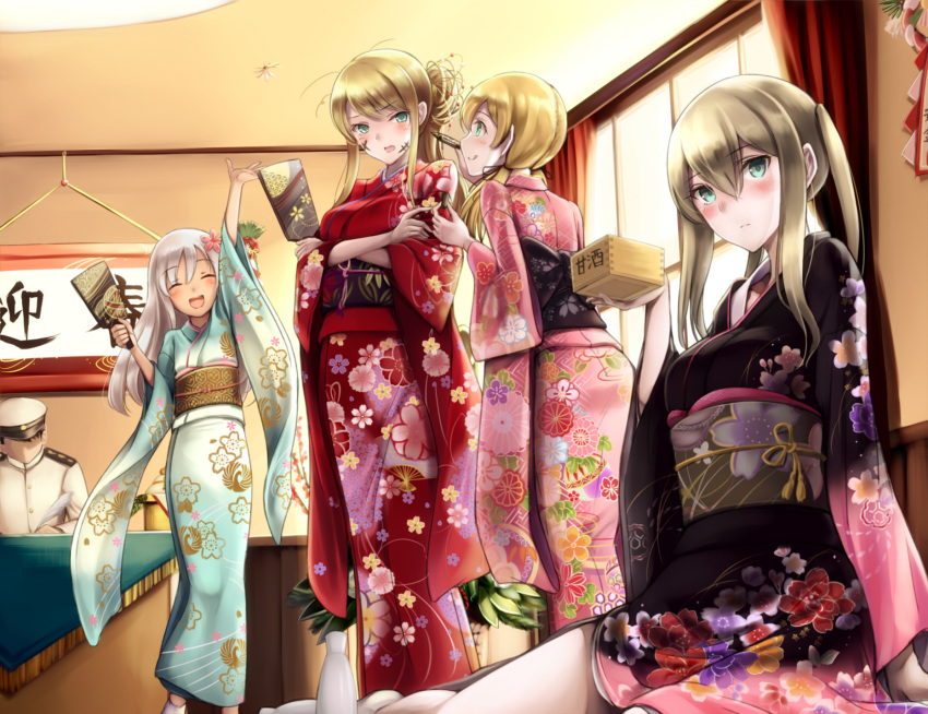 1boy 4girls :d :q ^_^ admiral_(kantai_collection) alcohol alternate_costume arm_at_side arm_support arm_up back bangs bismarck_(kantai_collection) blonde_hair blue_eyes blush breast_hold ceiling closed_eyes closed_mouth crossed_arms curtains faceless facepaint floral_print flower food fringe fruit furisode graf_zeppelin_(kantai_collection) hagoita hair_between_eyes hair_bun hair_flower hair_ornament hanetsuki hat highres holding holding_pen indoors japanese_clothes kagami_mochi kantai_collection kimono kirieroido_iii long_hair looking_at_another looking_at_viewer low_twintails mandarin_orange marker masu military military_uniform mochi multiple_girls naval_uniform new_year no_shoes obi on_floor open_mouth paddle peaked_cap plant potted_plant print_kimono prinz_eugen_(kantai_collection) quill ro-500_(kantai_collection) sake sash silver_hair sitting smile socks standing swept_bangs tabi table tassel throwing tokkuri tongue tongue_out twintails uniform wagashi window wooden_wall writing yokozuwari