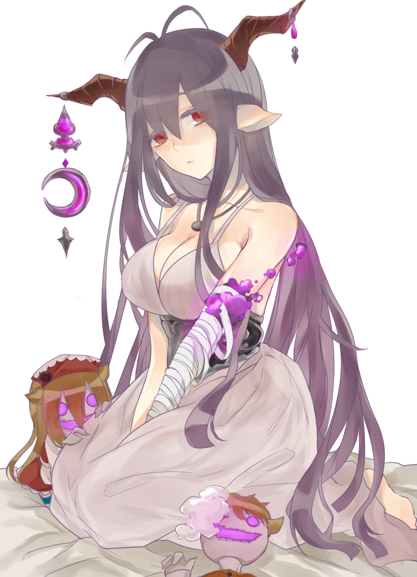 1girl ahoge bandaged_arm bare_shoulders black_hair breasts clavicle cleavage danua female granblue_fantasy high_resolution horn_ornament horns jewelry large_breasts long_hair looking_at_viewer pendant pixiv_id_16505579 pointed_ears red_eyes simple_background sitting solo stuffed_toy v_arms wariza white_background