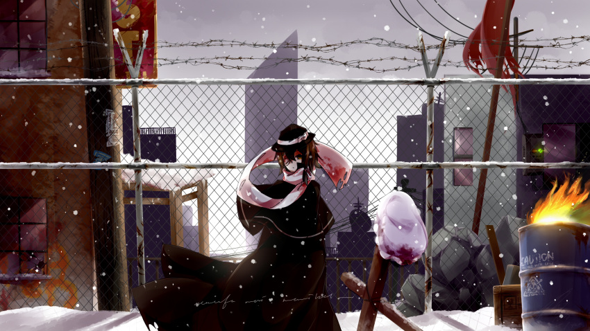 1girl barbed_wire blood bloody_clothes brown_eyes brown_hair capelet dress drum_(container) fedora fence fire hat hat_ribbon highres ieka mob_cap ribbon short_hair snow snowing solo touhou usami_renko wire_fence