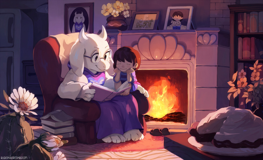 1girl alphys androgynous asgore_dreemurr barefoot bespectacled bluekomadori book book_stack bookshelf brown_hair cactus chair closed_eyes fire fireplace flower food frisk_(undertale) full_body glasses hands_on_own_face highres horns indoors long_sleeves monster_girl open_book papyrus_(undertale) photo_(object) pie portrait_(object) purple_clothes reading refrigerator rug sans shirt shoes_removed short_hair sitting smile striped striped_shirt toriel undertale undyne watermark web_address