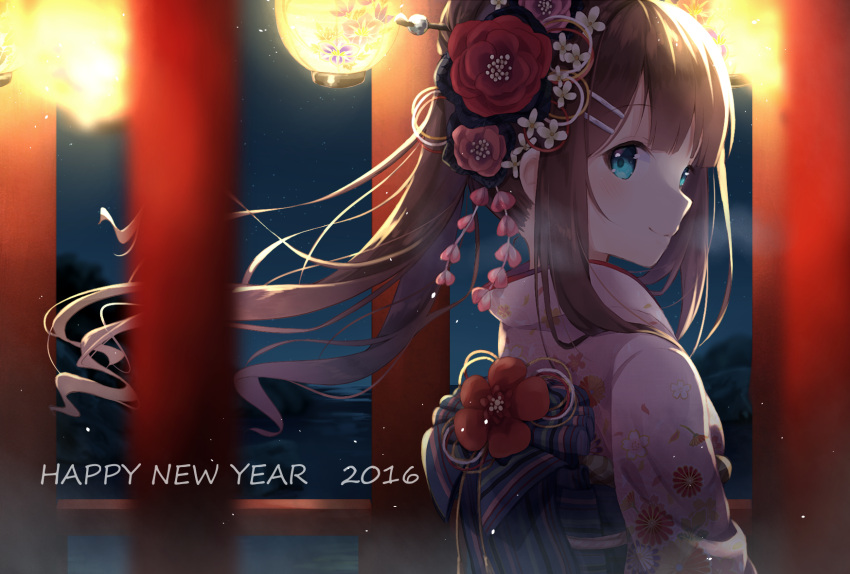 1girl blue_eyes brown_hair hair_ornament happy_new_year highres japanese_clothes kimono lantern long_hair new_year nononon original ponytail smile solo