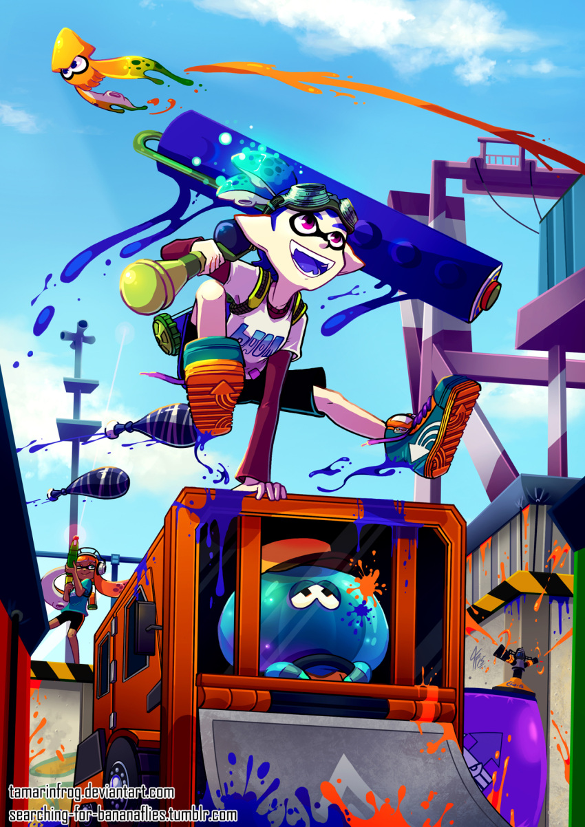 1boy 1girl arm_support bike_shorts blue_eyes blue_hair clouds cloudy_sky domino_mask fangs goggles goggles_on_head headphones highres holding ink_tank inkling jellyfish jumping layered_clothing long_hair long_sleeves mask open_mouth orange_hair oversized_object paint_roller paint_splatter pointy_ears shirt shoes short_hair short_sleeves sky sneakers splatoon sprinkler standing super_soaker tamarinfrog tentacle_hair topknot water_balloon watermark weapon web_address